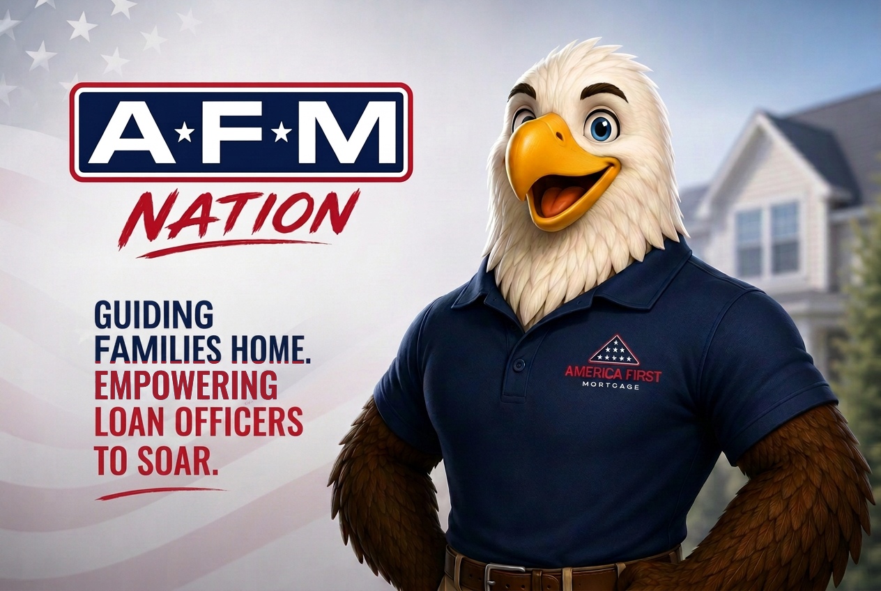 AFM Nation logo beside Abe the Eagle, with the tagline Guiding families home. Empowering loan officers to soar.
